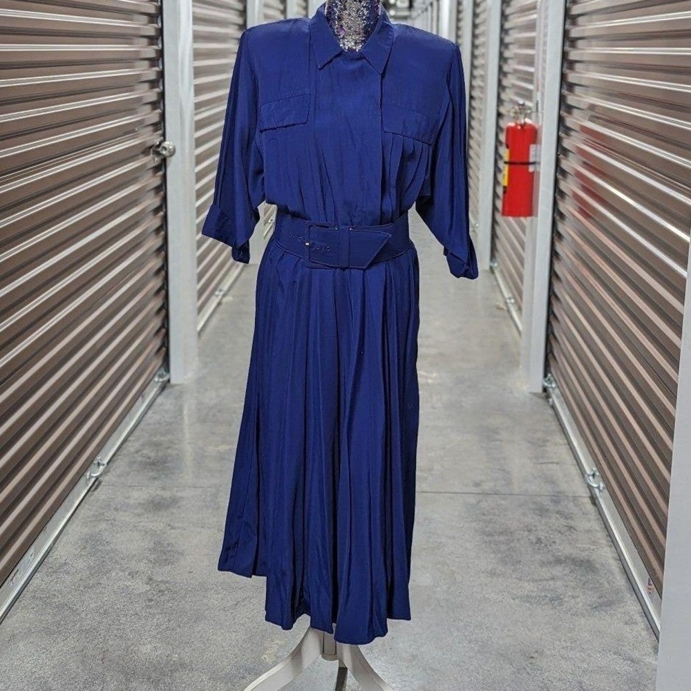 Quiet Luxury Vintage Blue Belted Midi Dress Office Siren Pin Up Nina Piccalino M
